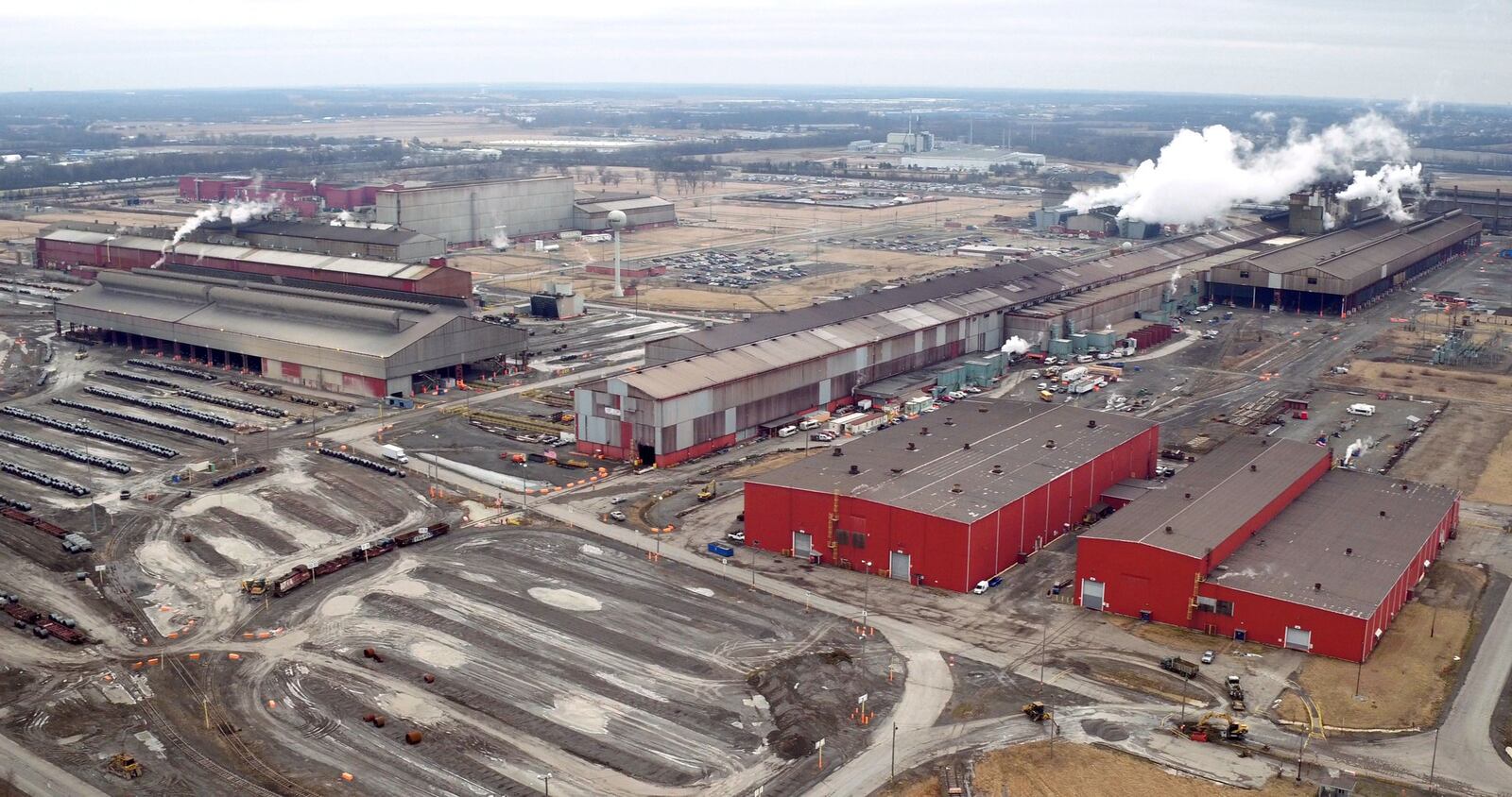 Aerial view of the AK Steel Middletown Works. The big steel producer covers more than 2,700 acres in the city to operate coke ovens, a blast furnace, hot strip mill and more than a dozen other steel production related processes. TY GREENLEES / STAFF