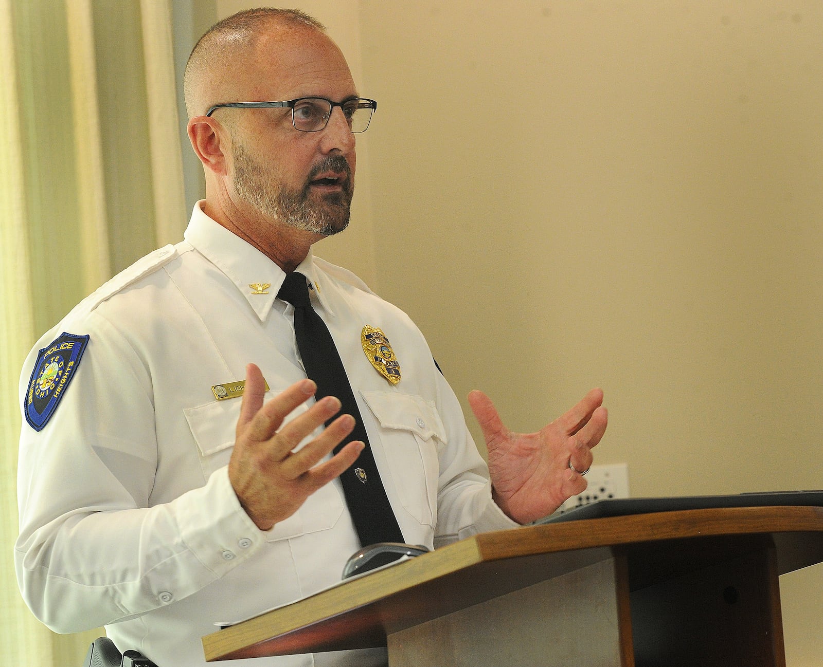 Huber Heights Police Chief Mark Lightner talks Wednesday, May 8, 2024 about the road rage incident that caused a officer involved shooting, Sunday, May 5, 2024. MARSHALL GORBY\STAFF