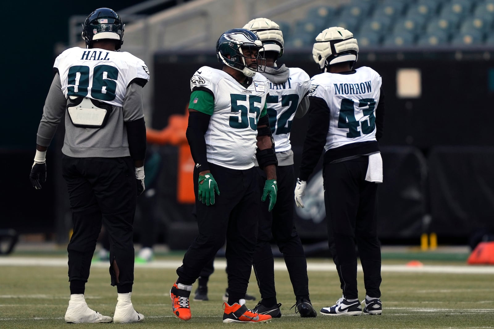 Philadelphia Eagles defensive end Brandon Graham (55) takes part in an NFL football practice in Philadelphia, Thursday, Jan. 30, 2025, ahead of Super Bowl LIX against the Kansas City Chiefs. (AP Photo/Matt Rourke)