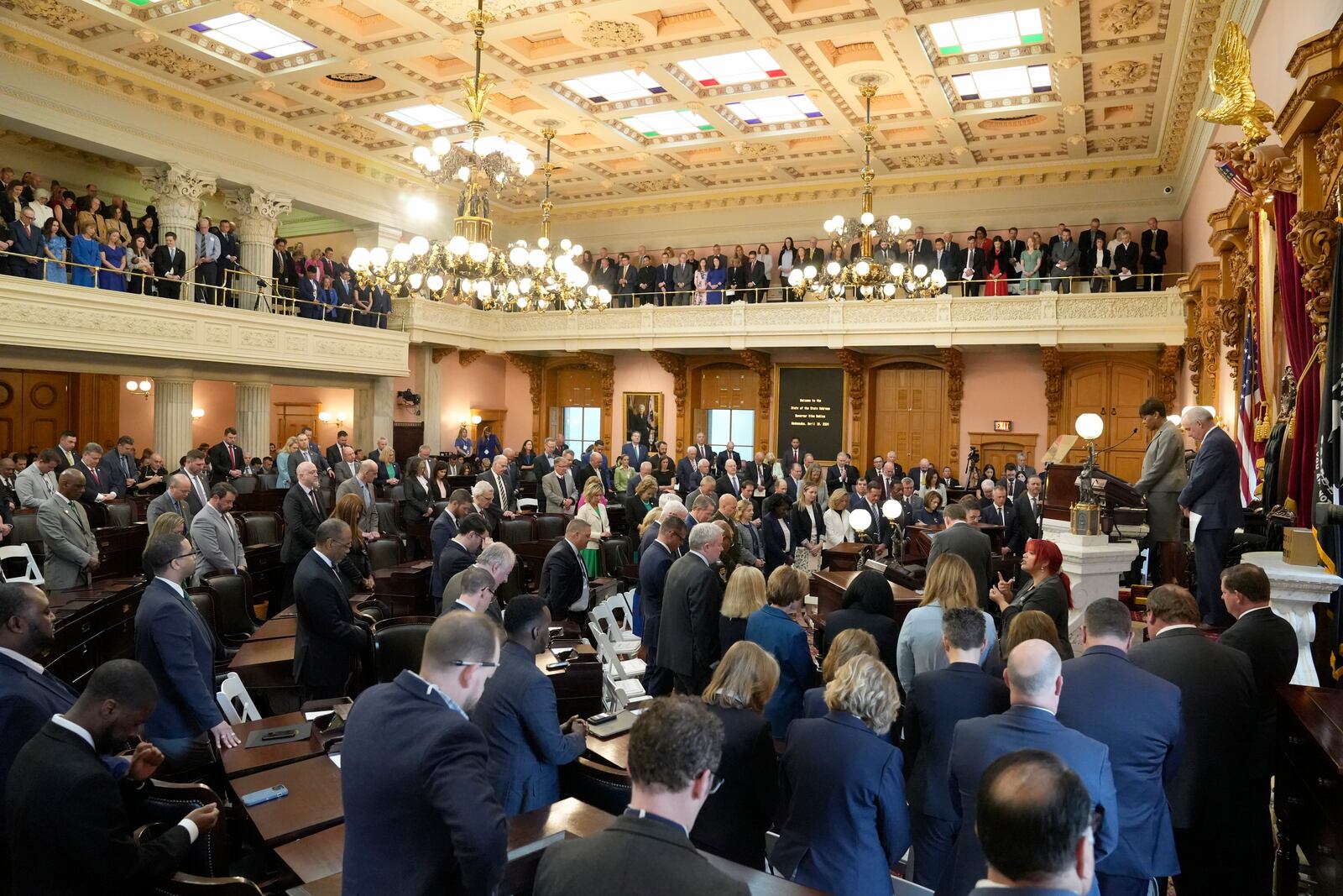 Ohio politicians and lawmakers gather for Governor Mike DeWine's 2024 State of the State address in the Ohio House chambers at the Ohio Statehouse on Wednesday, April 10, 2024 in Columbus. (Barbara J. Perenic /The Columbus Dispatch via AP)