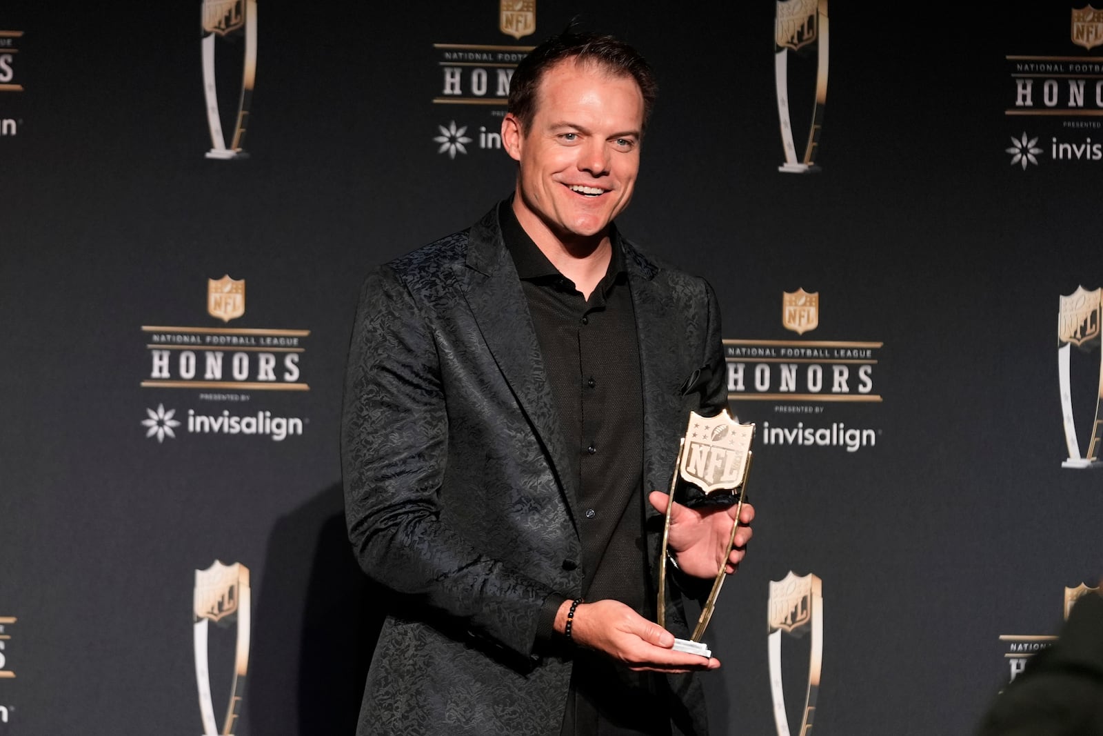 Minnesota Vikings head coach Kevin O'Connell talks to media after receiving the AP Coach of the Year award at the NFL Honors award show ahead of the Super Bowl 59 football game, Thursday, Feb. 6, 2025, in New Orleans. (AP Photo/Gerald Herbert)