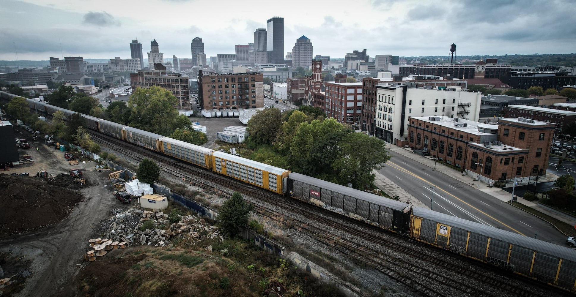 Freight train moves through downtown Dayton.