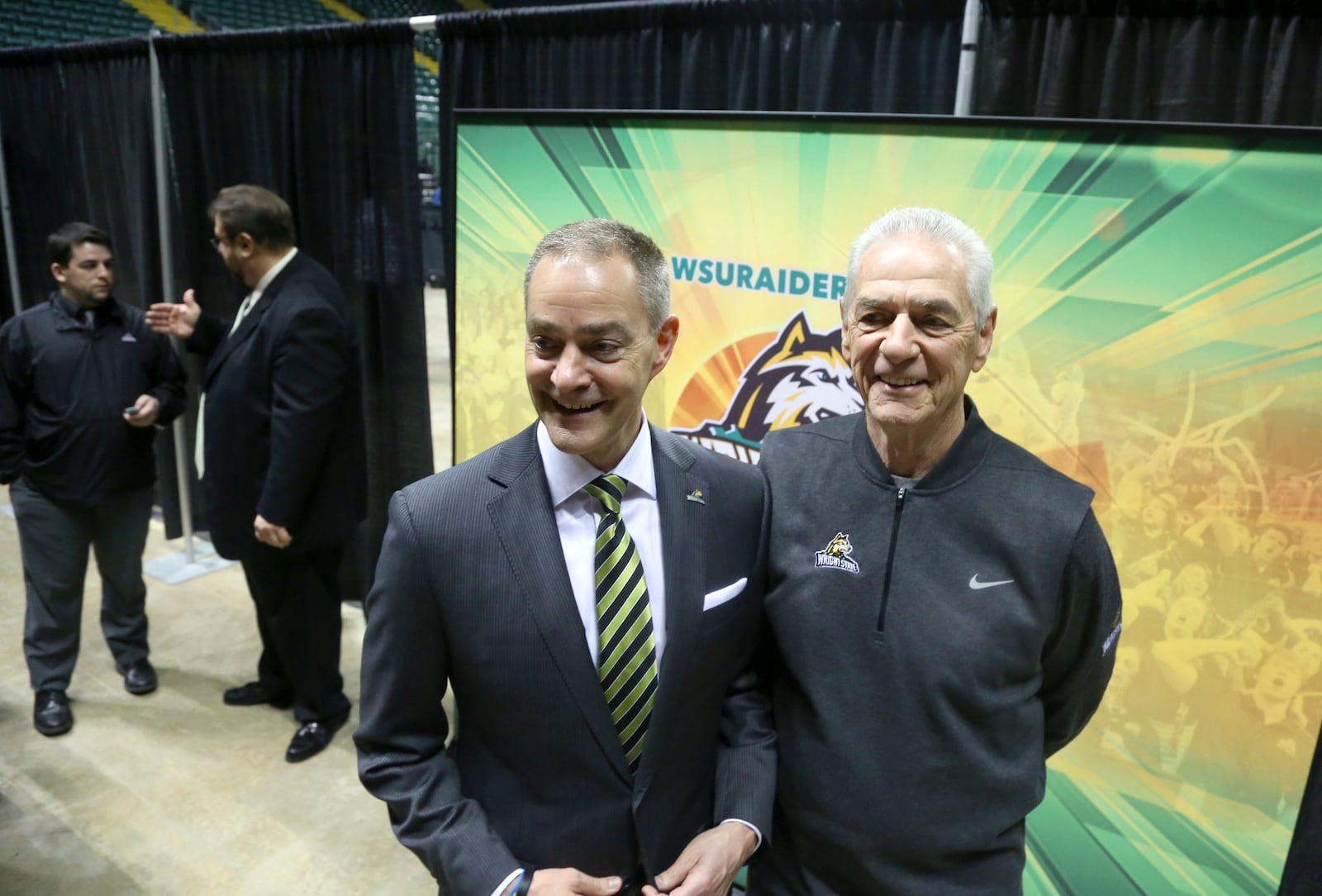 Scott Nagy (left) and his Dick Nagy on the day Scott was named Wright State's head coach.. LISA POWELL / STAFF