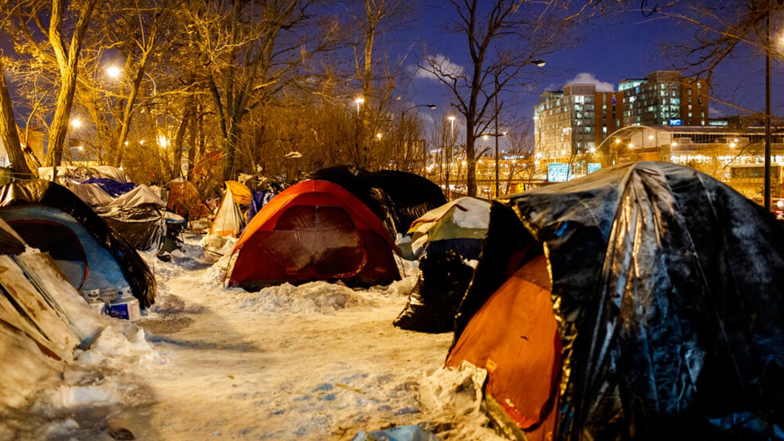 People sleep in tents near a wooded area adjacent to the Dan Ryan Expressway Tuesday Jan. 29, 2019, in Chicago. Officials throughout the region were focused on protecting vulnerable people from the cold , including the homeless, seniors and those living in substandard housing.