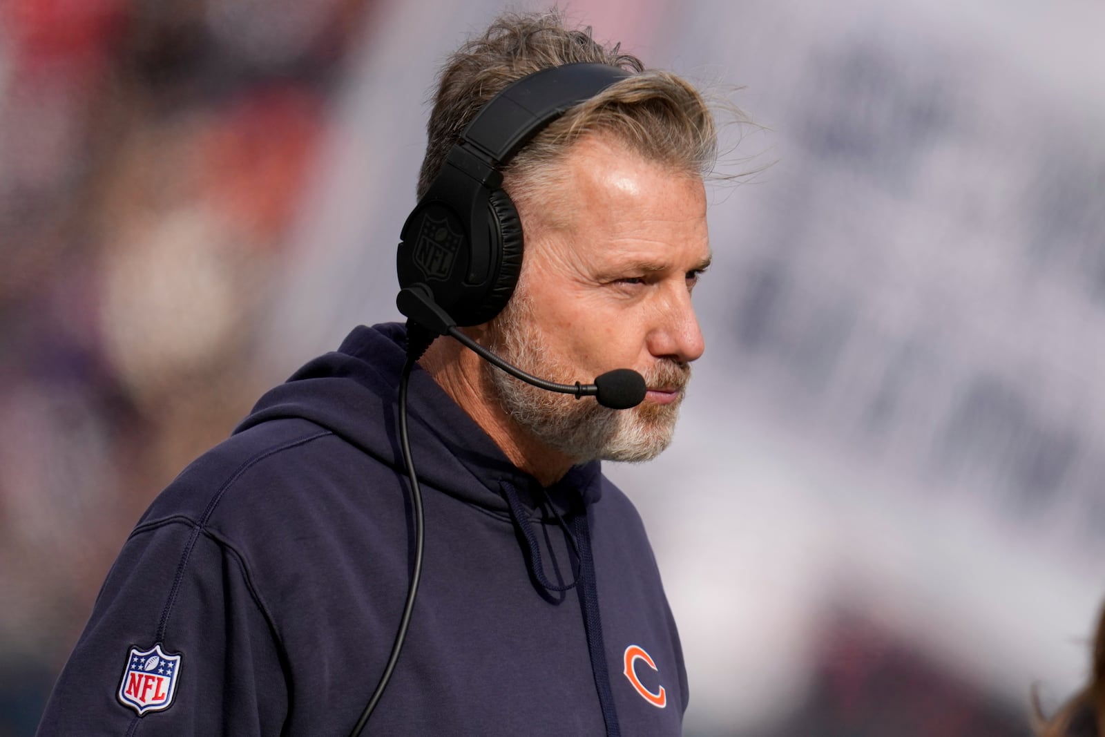 Chicago Bears head coach Matt Eberflus looks on from he sideline during the first half of an NFL football game against the Minnesota Vikings, Sunday, Nov. 24, 2024, in Chicago. (AP Photo/Erin Hooley)