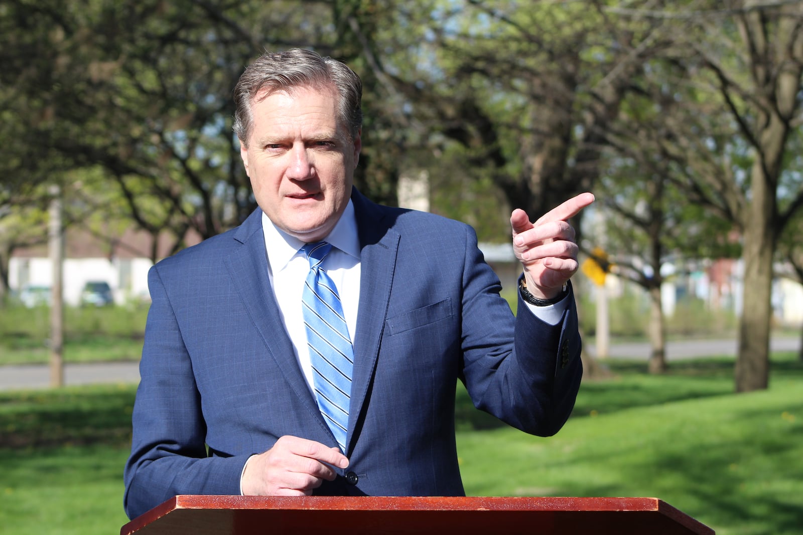 U.S. Rep. Mike Turner, R-Dayton, speaks at a media event on Thursday in East Dayton near an abandoned railroad line that the city wants to convert into a multi-use recreational trail. Turner helped secure a $1.5 million earmark for the project. CORNELIUS FROLIK / STAFF