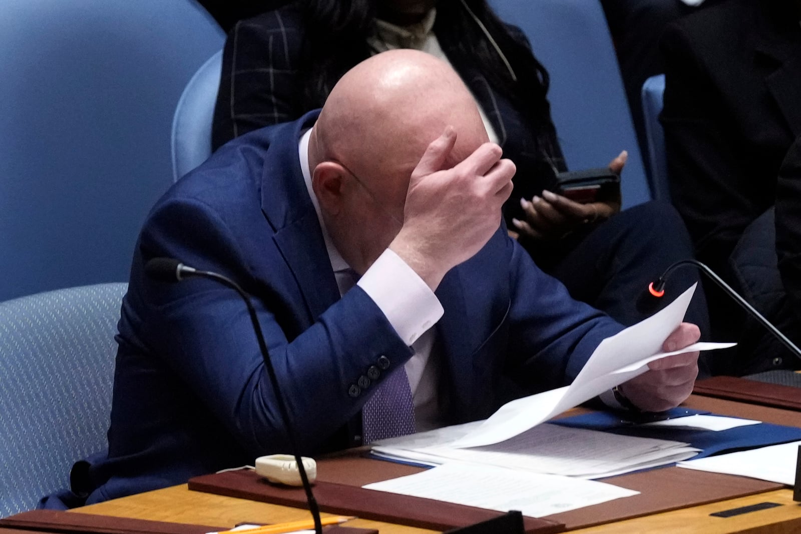 Russia Ambassador Vasily Nebenzya addresses the UN Security Council, Monday, Feb. 24, 2025, at the United Nations headquarters. (AP Photo/Richard Drew)