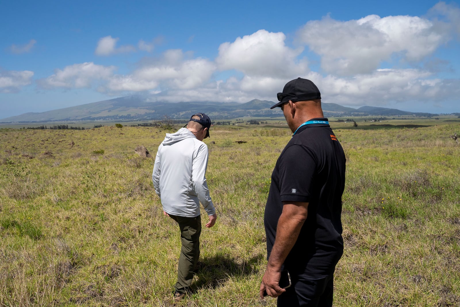 Dr. Jack Cohen, a former fire research scientist for the U.S. Forest Service, assesses the condition of the grass with Mike Mundon, Tuesday, Feb. 25, 2025, in Pu'ukapu Homesteads, Hawaii. (AP Photo/Mengshin Lin)