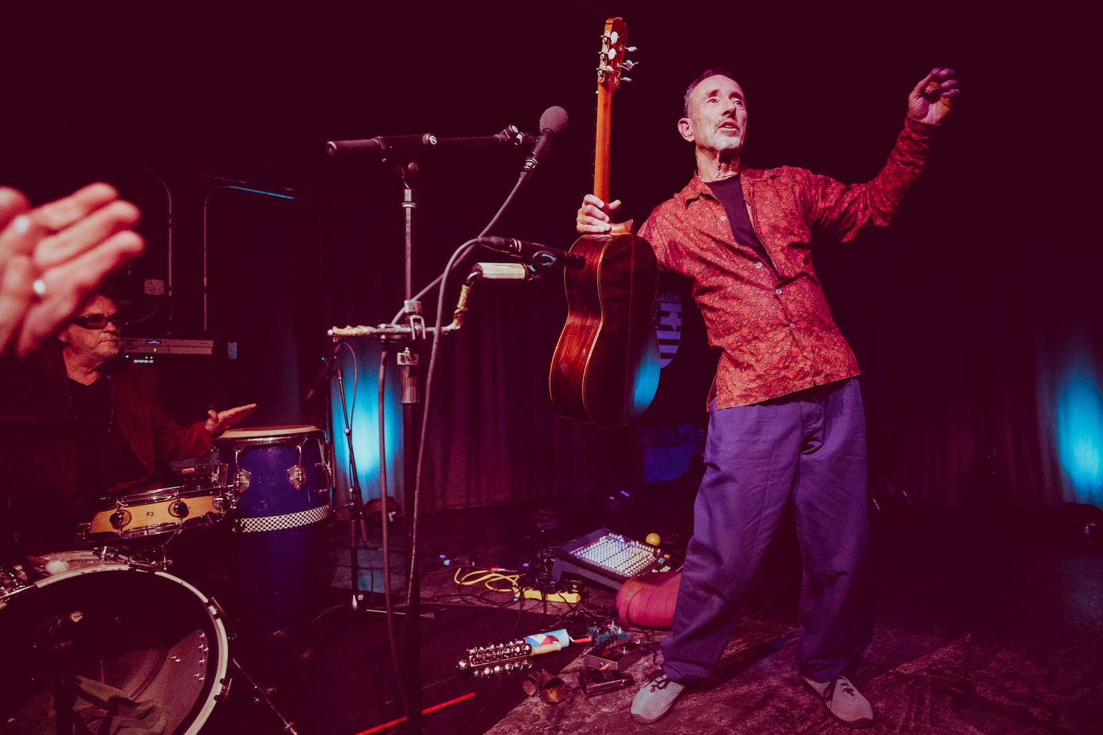 California-based musician Jonathan Richman (right), who has been releasing projects like “SA” and “Cold Pizza and Other Hot Stuff” on Cleveland-based Blue Arrow Records since 2016, performs with Tommy Larkins (left) at The Foundry Theater at Antioch College in Yellow Springs on Tuesday, Feb. 27.