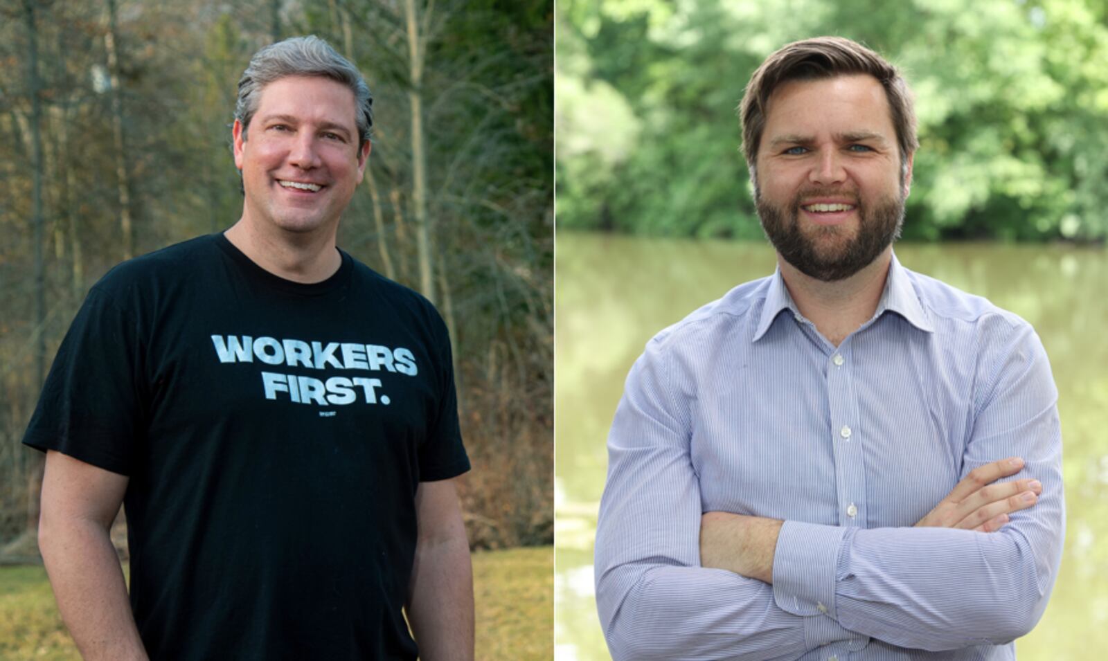 The candidates for Ohio's open U.S. Senate seat in the November 2022 election are Tim Ryan (left) and J.D. Vance (right).