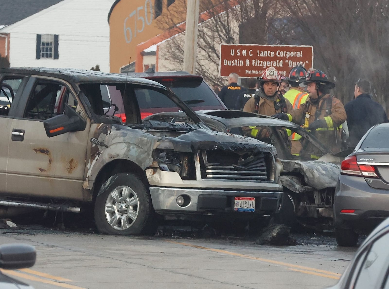 Crews responded to a fiery, multiple-vehicle crash with injuries Tuesday afternoon, Jan. 24, 2023, on Brandt Pike north of Chambersburg Road in Huber Heights. BILL LACKEY/STAFF