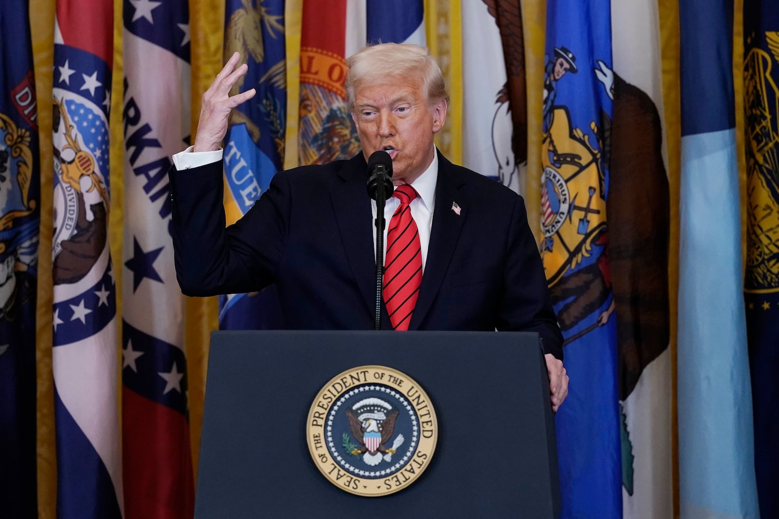 President Donald Trump speaks at an education event and executive order signing in the East Room of the White House in Washington, Thursday, March 20, 2025. (AP Photo/Jose Luis Magana)