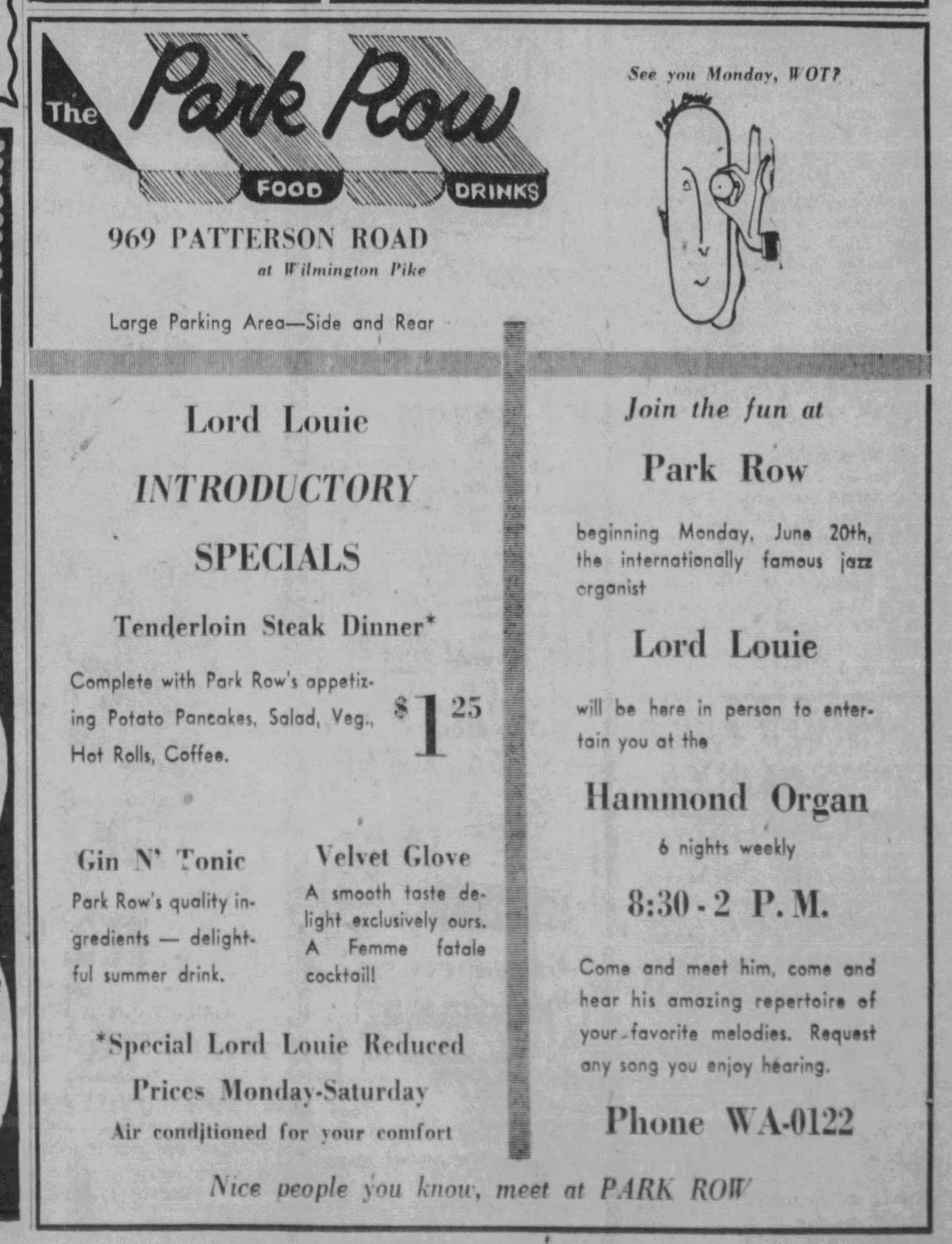 Park Row was located at 969 Patterson Road at Wilmington Pike. The restaurant was featured in a 1955 issue of the Dayton Daily News.