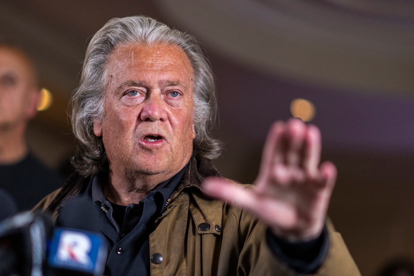 Steve Bannon speaks during a press conference after being released from the Federal Correctional Institution Danbury where he was incarcerated, Oct. 29, 2024, New York. (AP Photo/Eduardo Munoz Alvarez)