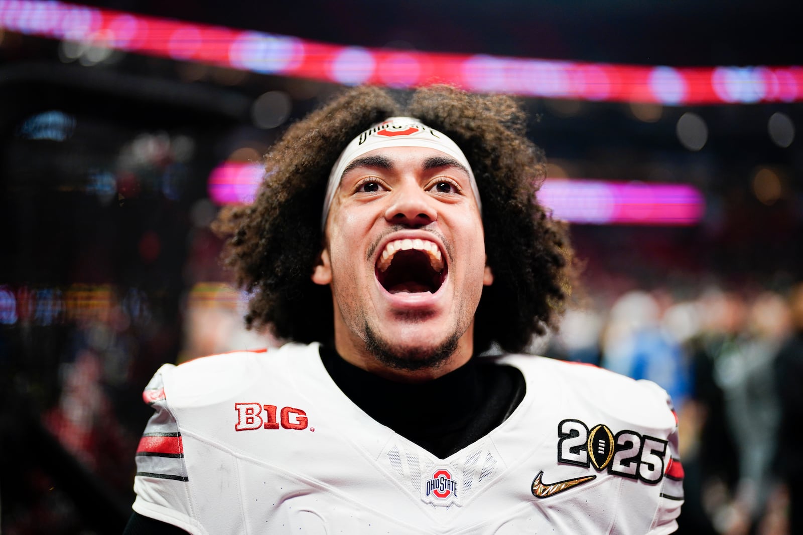 Ohio State safety Lathan Ransom celebrates after their win against Notre Dame in the College Football Playoff national championship game Monday, Jan. 20, 2025, in Atlanta. (AP Photo/Jacob Kupferman)