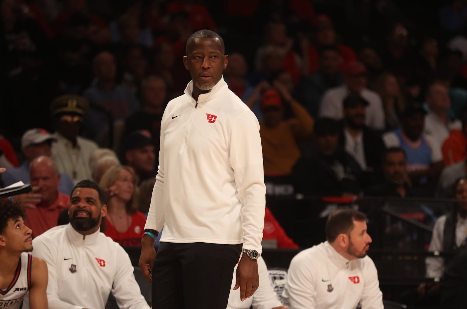 Dayton's Anthony Grant coaches during  game against Duquesne in the Atlantic 10 Conference tournament quarterfinals on Thursday, March 14, 2024, at the Barclays Center in Brooklyn, N.Y. David Jablonski/Staff