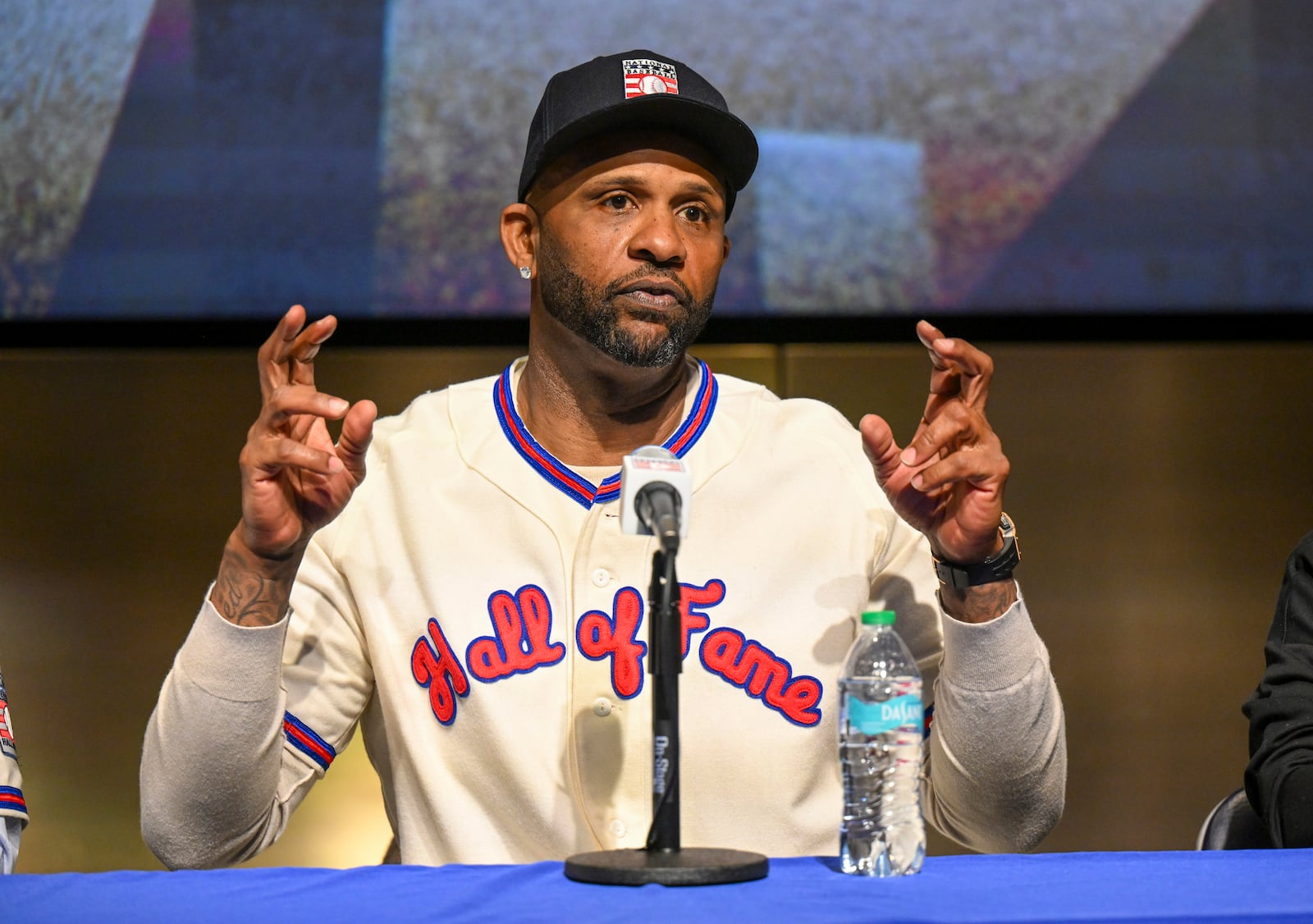 Newly-elected Baseball Hall of Fame inductee CC Sabathia talks to reporters during a news conference Thursday, Jan. 23, 2025, in Cooperstown, N.Y. (AP Photo/Hans Pennink)