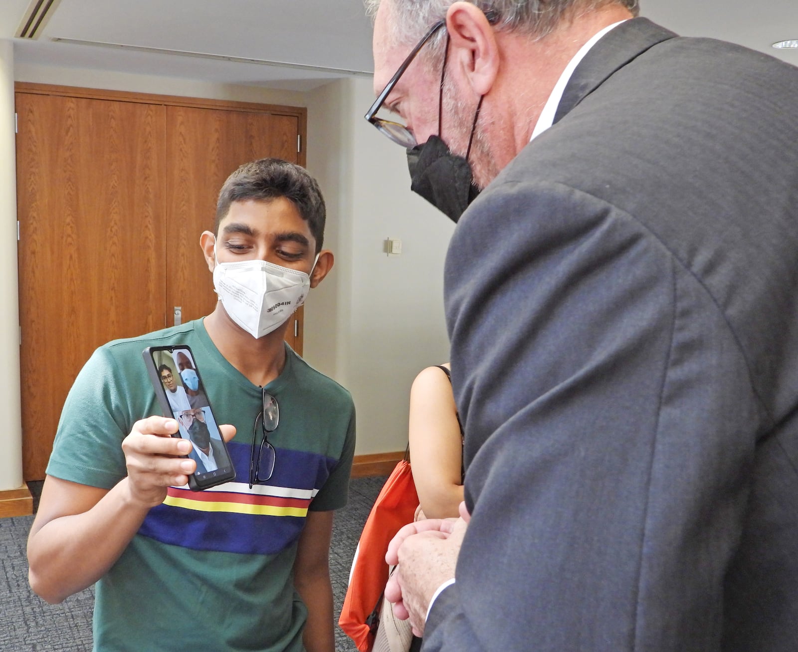 Sinclair Community College international student, Roy Dabre from India, shares a video chat with Sinclair President Steve Johnson. Dabre is at Sinclair with 13 other international students through a U.S. State Department program. SUBMITTED