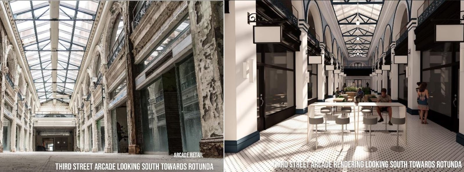 A photo of the Third Street Arcade building and a rendering of what it would look like after being rehabbed. CONTRIBUTED