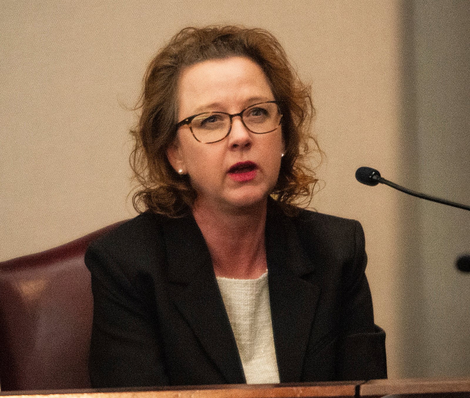 Jackie Johnson testifies in her own behalf in her trial on the single remaining charge of violating her oath of office, Tuesday, Feb. 4, 2025, in Brunswick, Ga. (Terry Dickson/The Brunswick News via AP, Pool)