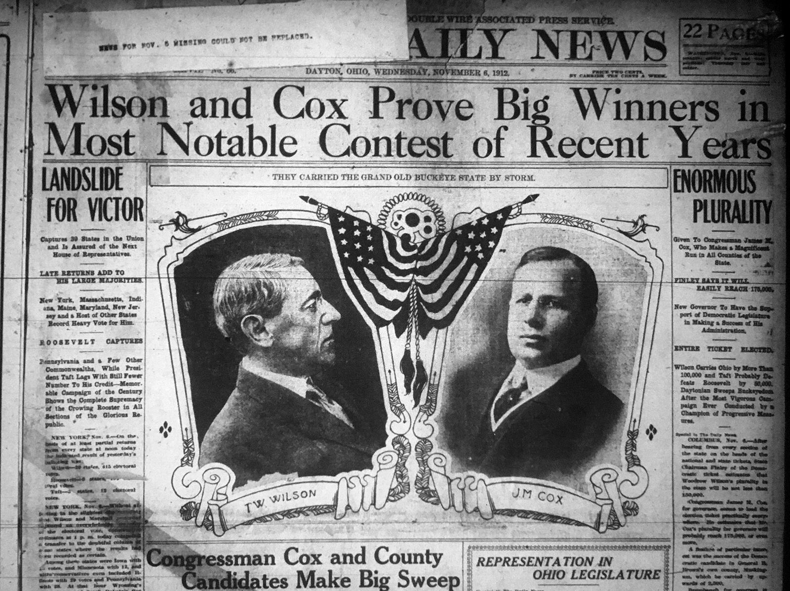 The Nov. 6, 1912 edition of the Dayton Daily News marks James M. Cox's win as Ohio governor. DAYTON DAILY NEWS ARCHIVE