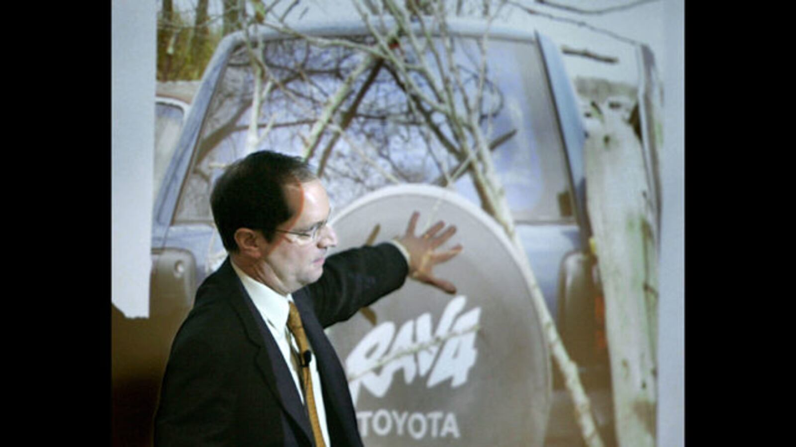 Defense attorney Jerome Buting gestures to a projected photo of Teresa Halbach's Toyota RAV4 during the February 2007 murder trial of Steven Avery. Avery and his nephew are serving life sentences in the murder of the 25-year-old photographer.