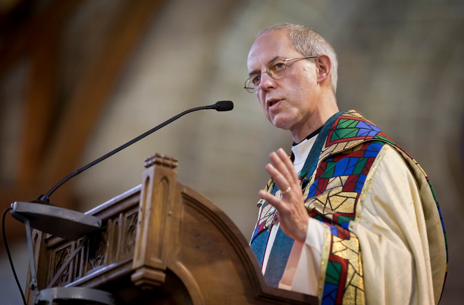 FILE - In this Sunday, Oct. 20, 2013 file photo, the Archbishop of Canterbury Justin Welby conducts a service at the All Saints Cathedral in Nairobi, Kenya.(AP Photo/Ben Curtis, File)