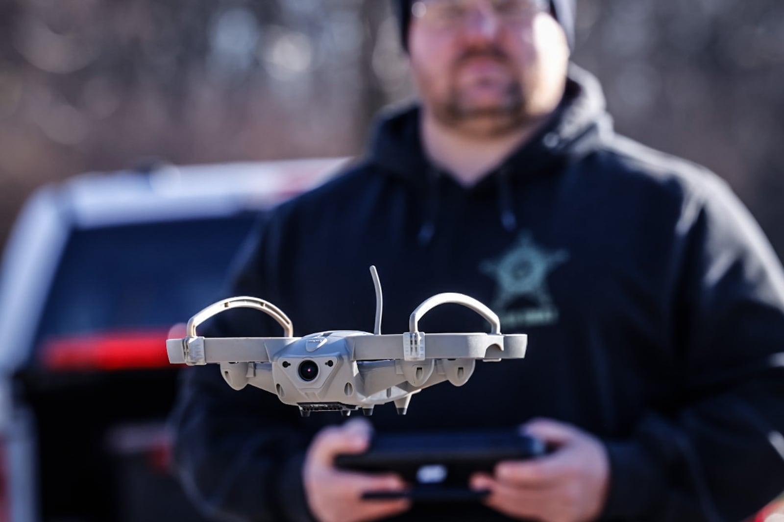 Montgomery County sheriff deputy flies a Loki MK ll done that flies inside of structures during a SWAT standoff. JIM NOELKER/STAFF