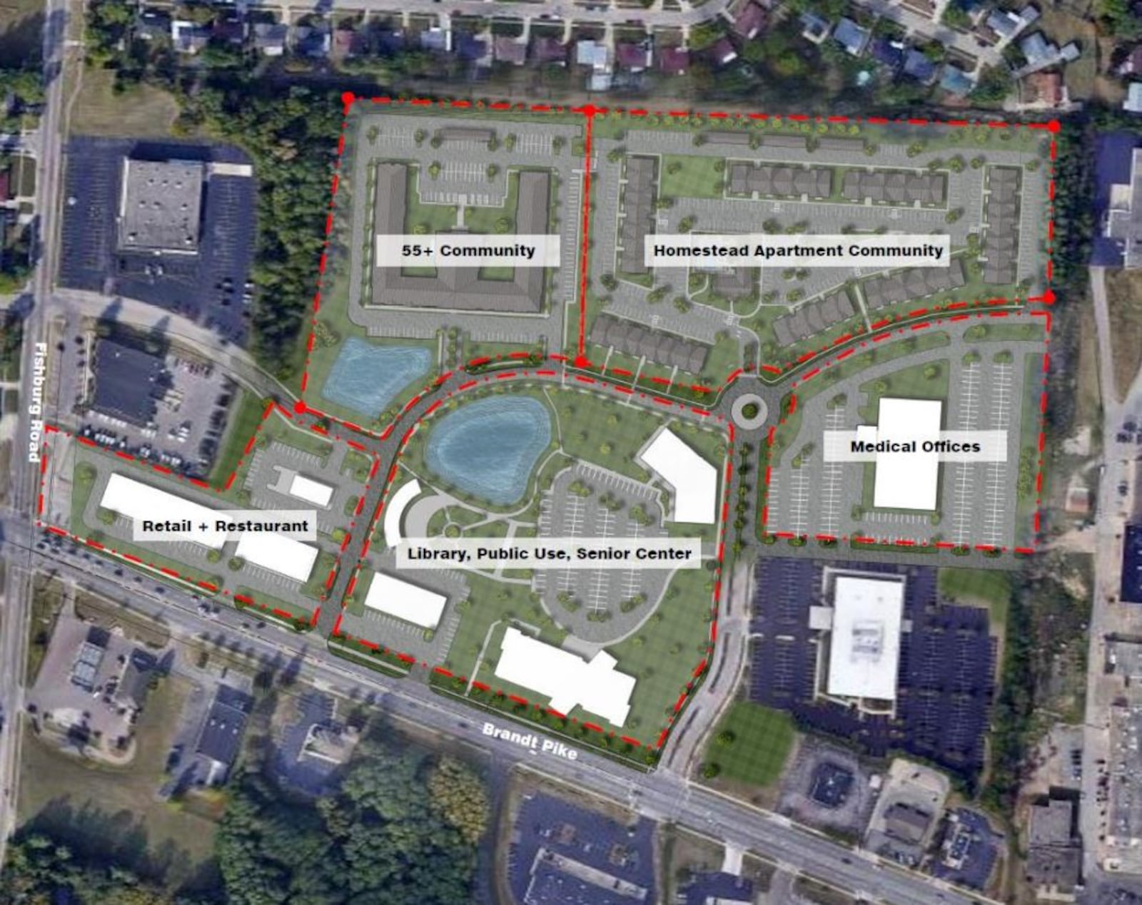 Preliminary map rendering of the proposed redevelopment of the former Marian Meadows shopping center. CONTRIBUTED