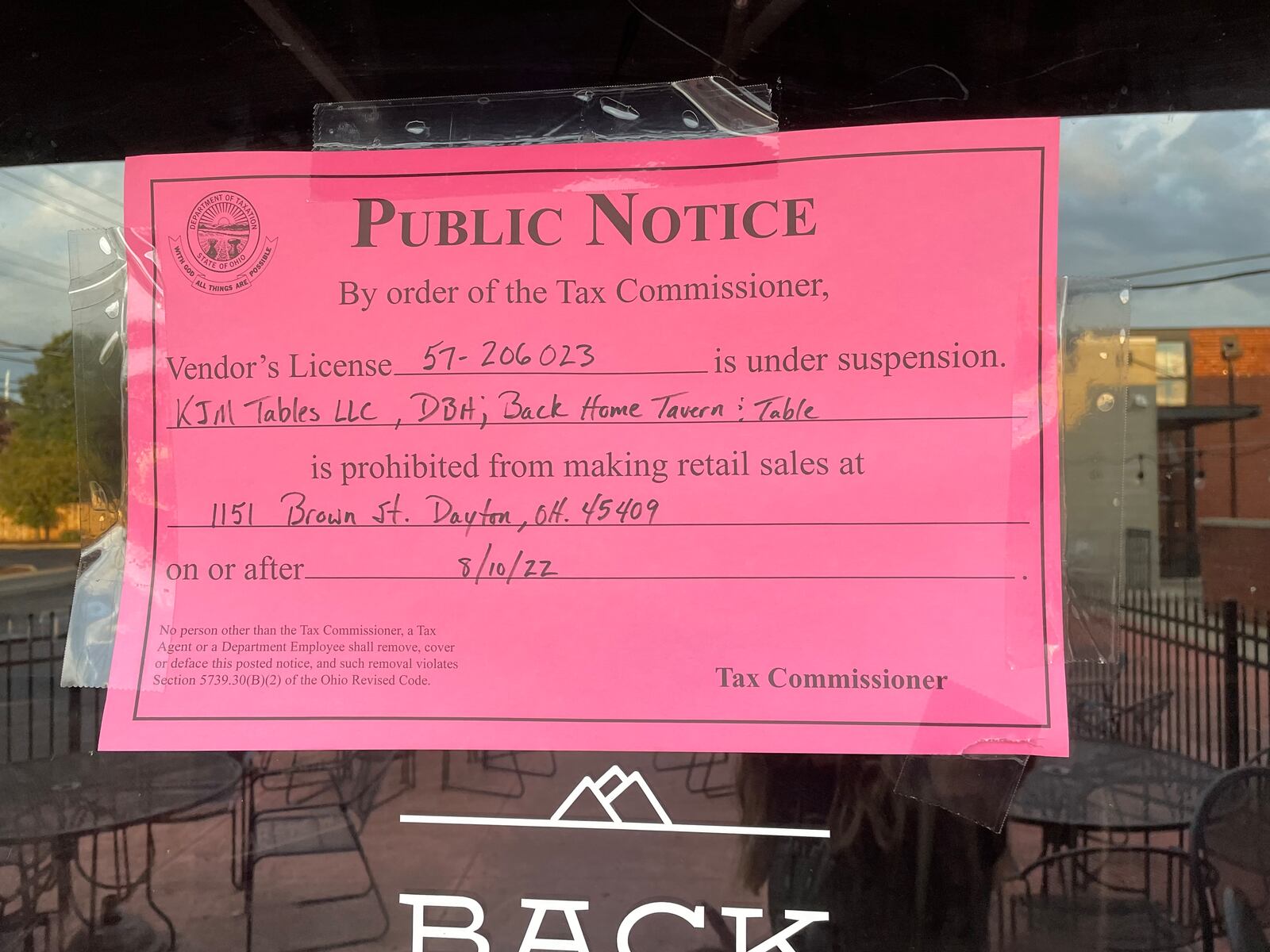 Back Home Tavern & Table, a restaurant on Brown Street near the University of Dayton, has had its vendor’s license suspended by the Ohio Department of Taxation.