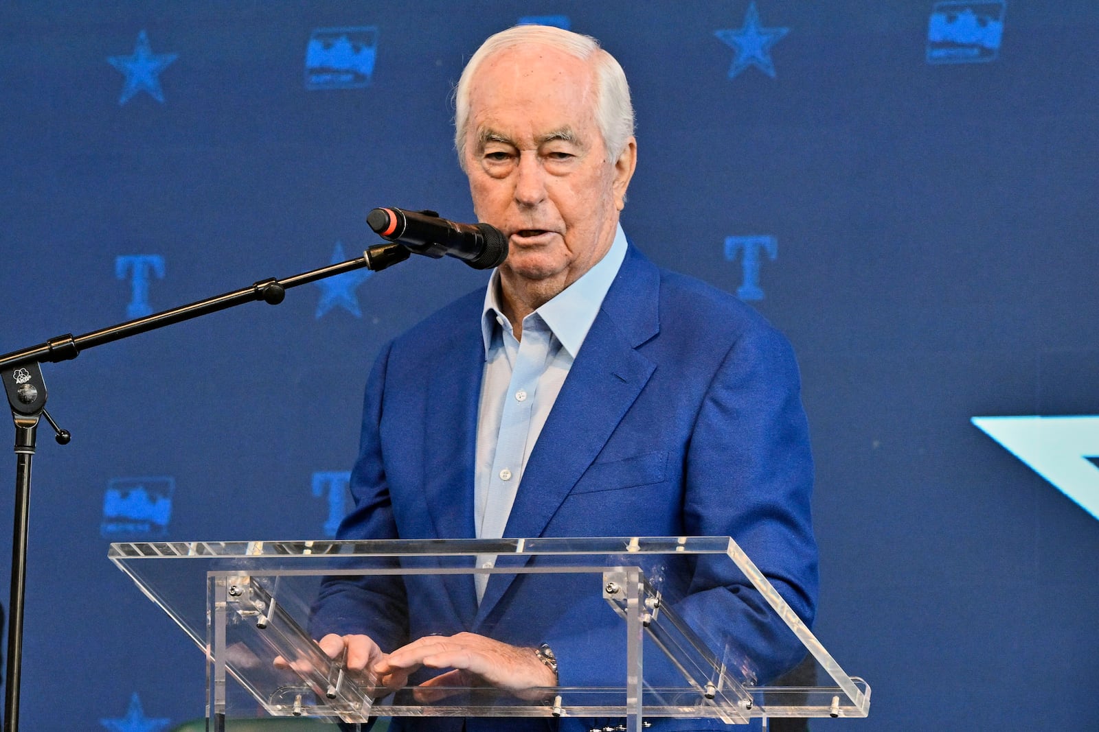 FILE - IndyCar owner Roger Penske speaks to the media during a news conference announcing the IndyCar Grand Prix of Arlington to be held in 2026 in Arlington, Texas, Tuesday, Oct. 8, 2024. (AP Photo/Jerome Miron, File)