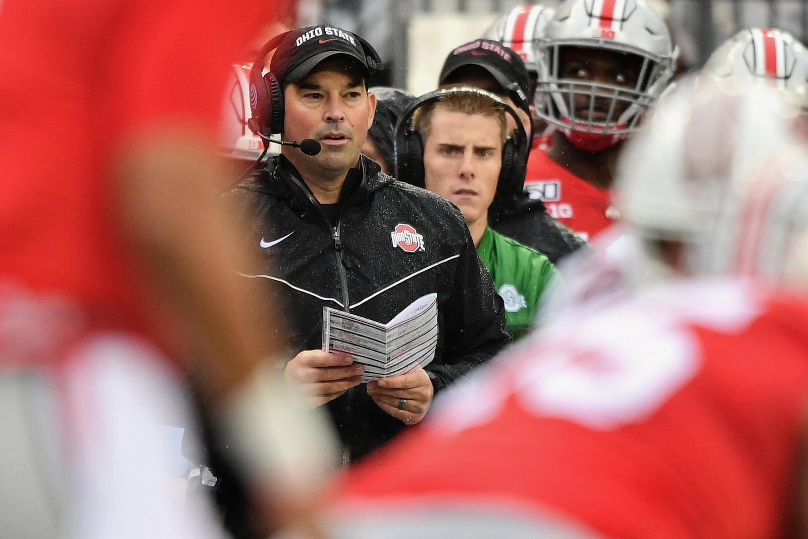 Ohio State manager Austin Edwards behind head coach Ryan Day during the Buckeyes’ game vs. Wisconsin on Oct. 26, 2019, at Ohio Stadium. Getty Images