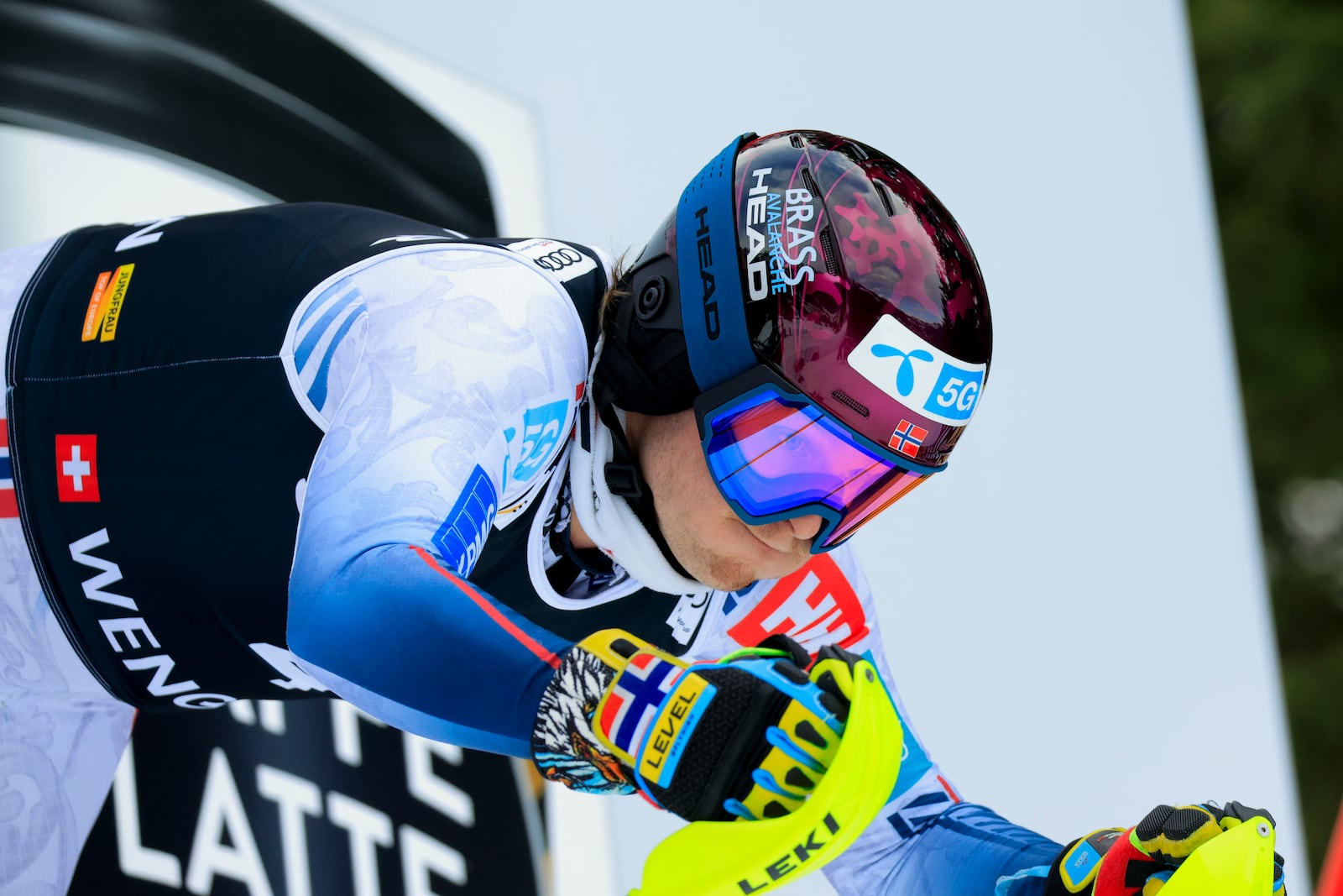 Norway's Timon Haugan at the starting gate of an alpine ski, men's World Cup slalom, in Wengen, Switzerland, Sunday, Jan. 19, 2025. (AP Photo/Giovanni Maria Pizzato)