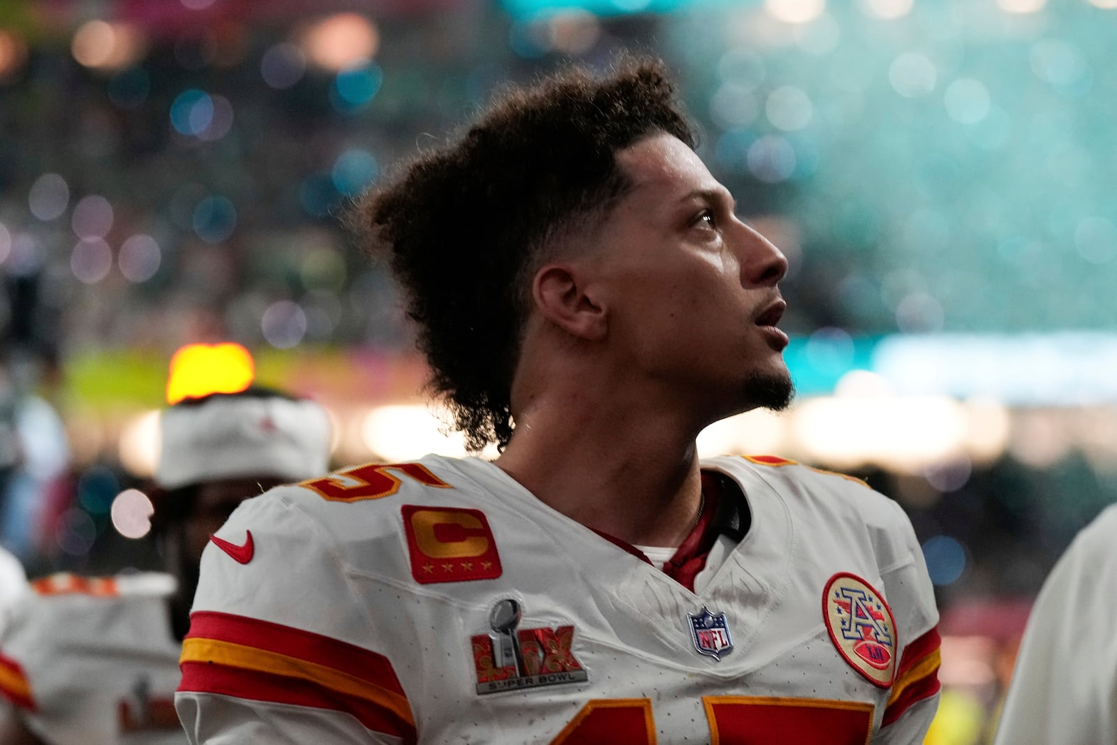 Kansas City Chiefs quarterback Patrick Mahomes (15) walks off the field after a loss to the Philadelphia Eagles during the NFL Super Bowl 59 football game, Sunday, Feb. 9, 2025, in New Orleans. (AP Photo/Abbie Parr)