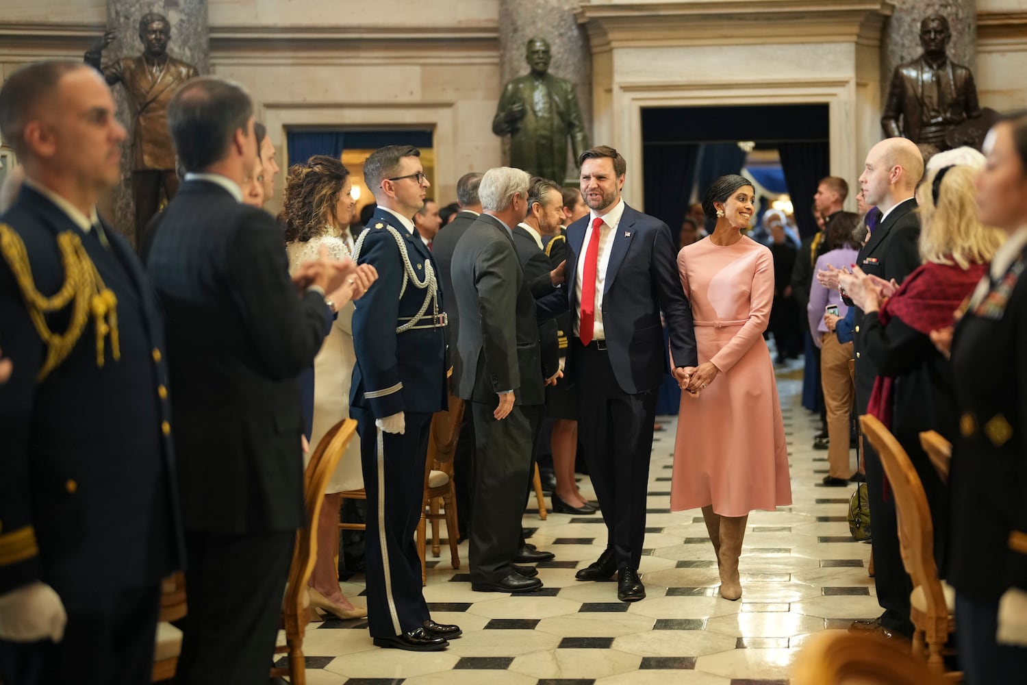 Vice President JD Vance and second lady Usha Vance arrive at an inaugural luncheon inside Statuary Hall at the Capitol in Washington on Monday, Jan. 20, 2025. (Doug Mills/The New York Times)