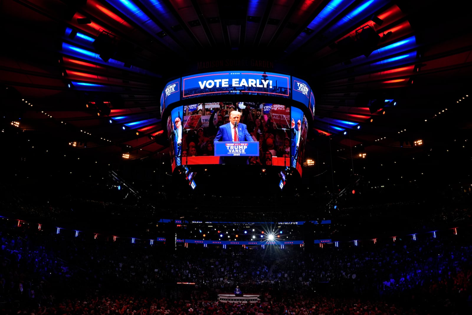 Republican presidential nominee former President Donald Trump speaks at a campaign rally at Madison Square Garden, Sunday, Oct. 27, 2024, in New York. (AP Photo/Evan Vucci)