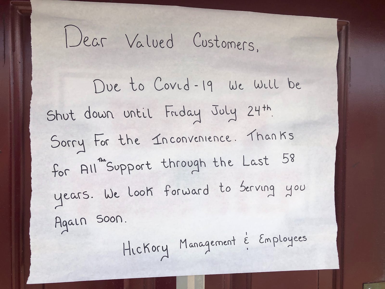 Hickory Bar-B-Q, the iconic Brown Street restaurant that was founded 58 years ago, is shut down until July 24 'due to COVID-19," according to a sign on the restaurant's door.