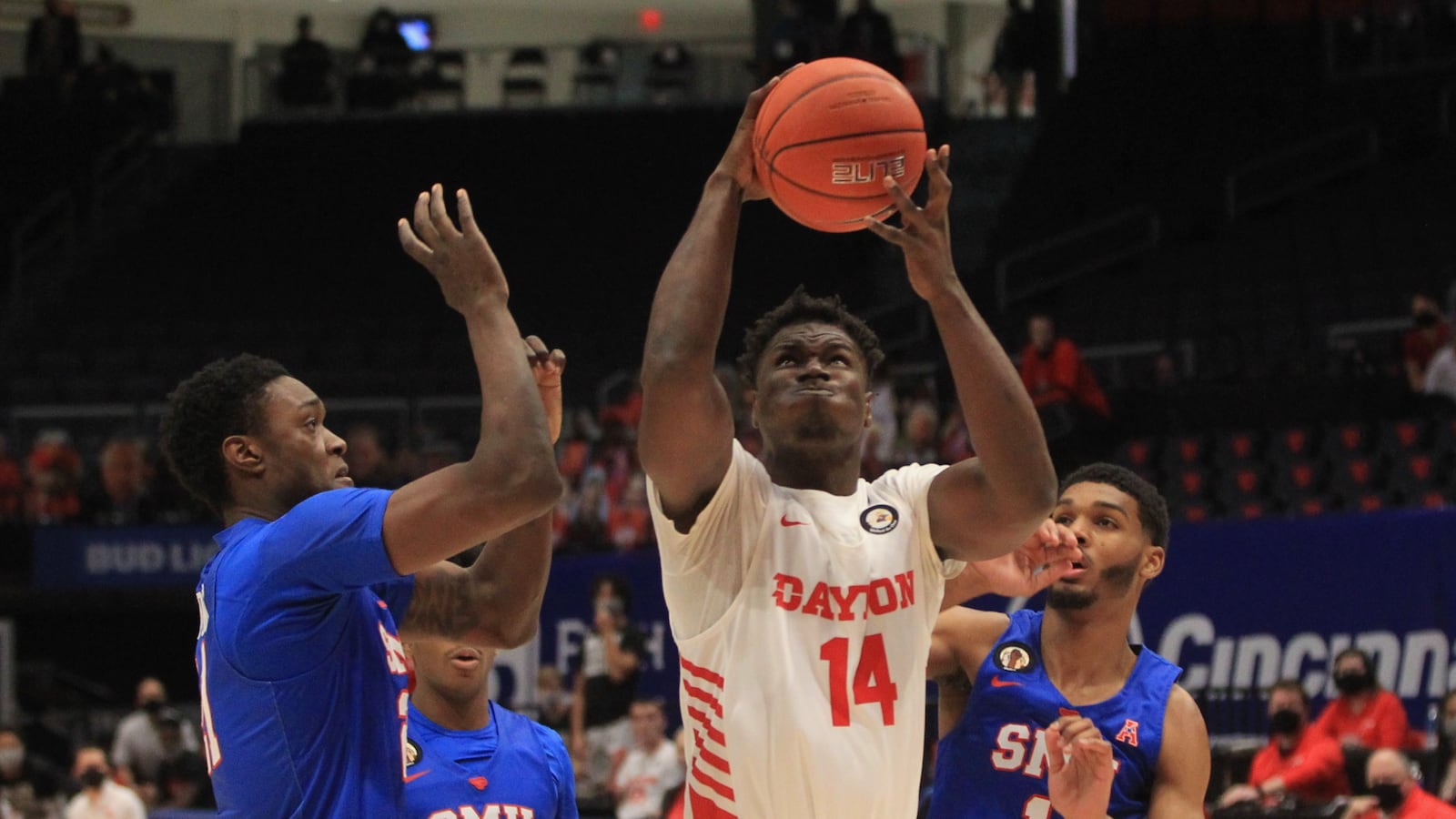 Dayton's Moulaye Sissoko shoots against Southern Methodist on Saturday, Dec. 5, 2020, at UD Arena. David Jablonski/Staff