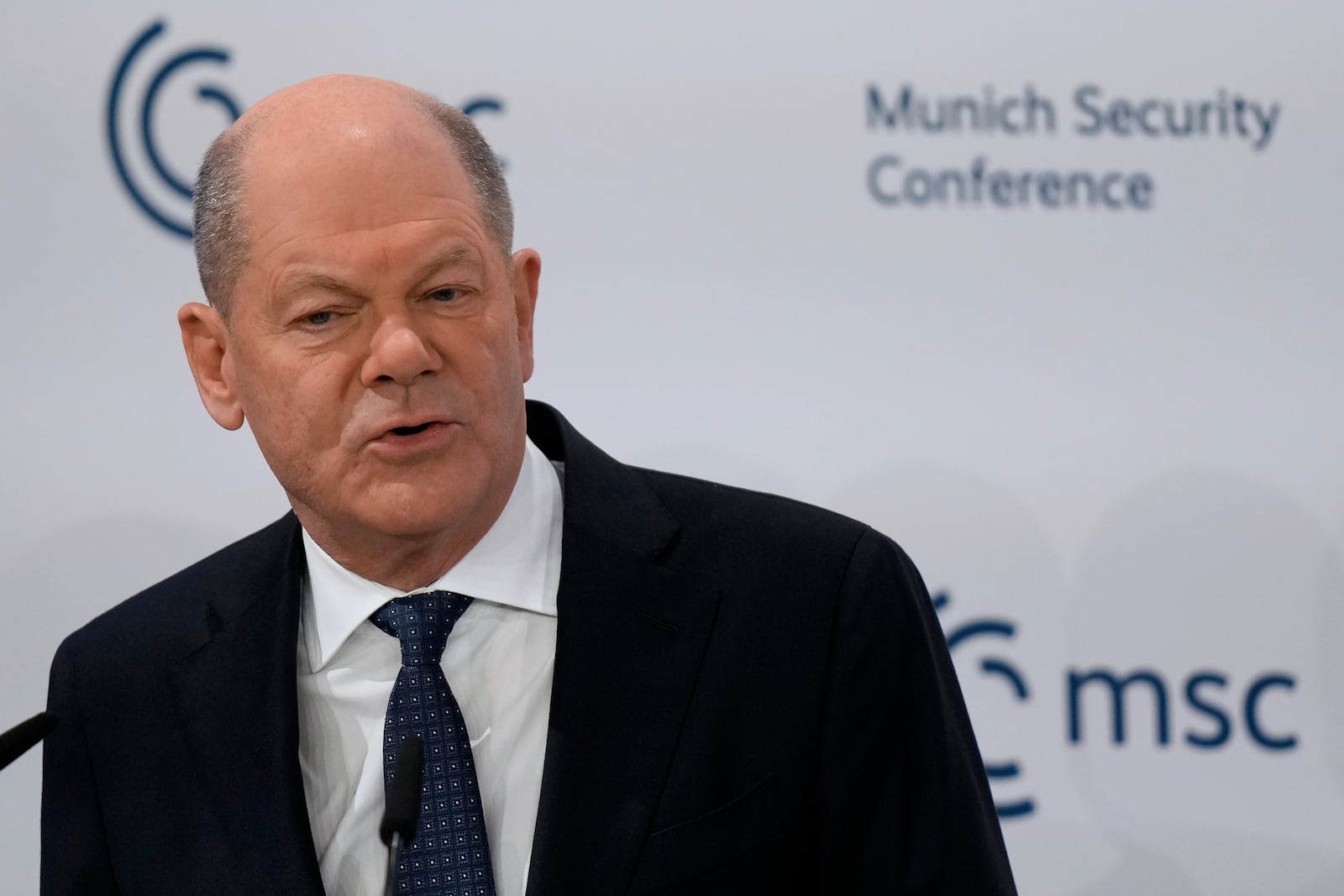 Germany's Chancellor Olaf Scholz speaks during the Munich Security Conference at the Bayerischer Hof Hotel in Munich, Germany, Saturday, Feb. 15, 2025. (AP Photo/Matthias Schrader)