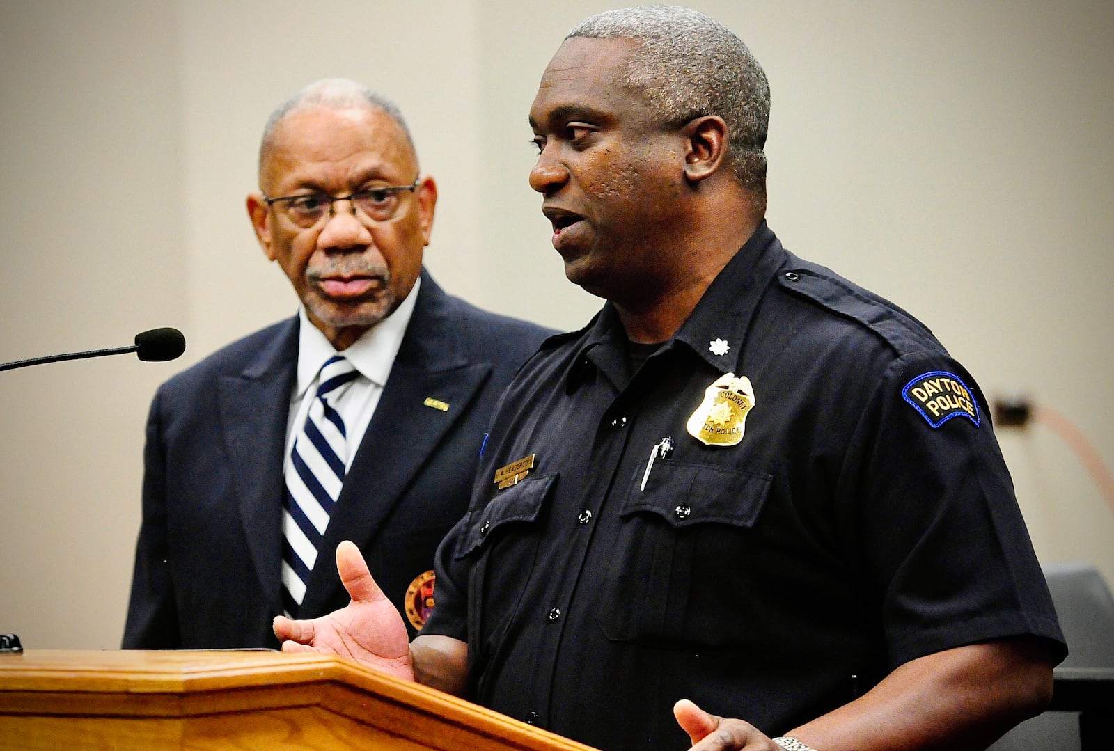 Lt. Col. Eric Henderson of the Dayton Police Department and Dayton Mayor Jeffrey Mims, Jr. talked to the media Wednesday, June 26, 2024. MARSHALL GORBY\STAFF