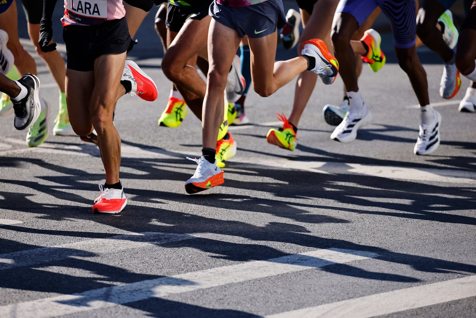 Runners in the men's elite division make their way through the Brooklyn borough during the New York City Marathon, Sunday, Nov. 3, 2024, in New York. (AP Photo/Eduardo Munoz Alvarez)