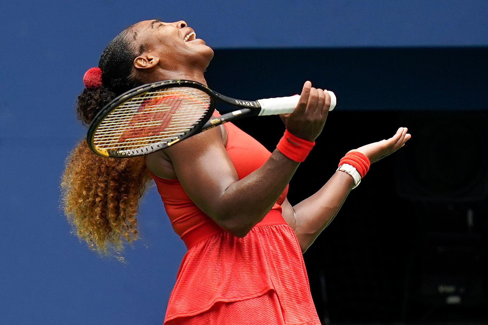 Serena Williams, of the United States, reacts during a match against Tsvetana Pironkova, of Bulgaria, during the quarterfinals of the US Open tennis championships, Wednesday, Sept. 9, 2020, in New York. (AP Photo/Seth Wenig)