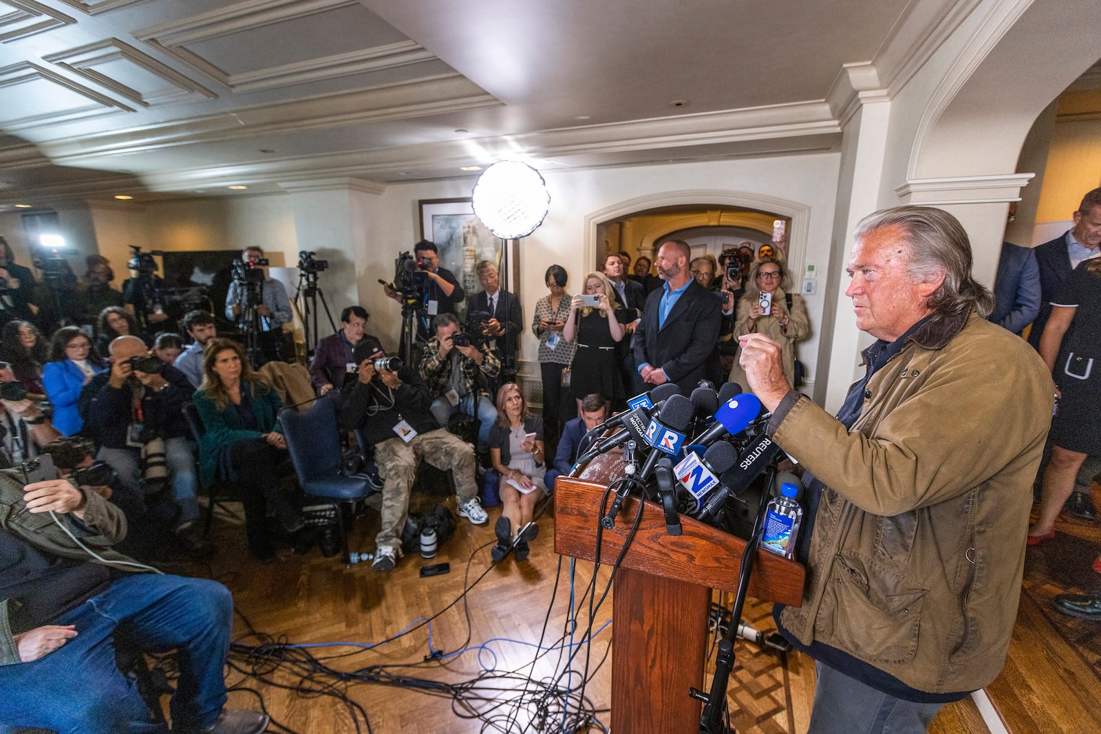 Steve Bannon speaks during a press conference after being release from the Federal Correctional Institution Danbury where he was incarcerated, Oct. 29, 2024, New York. (AP Photo/Eduardo Munoz Alvarez)