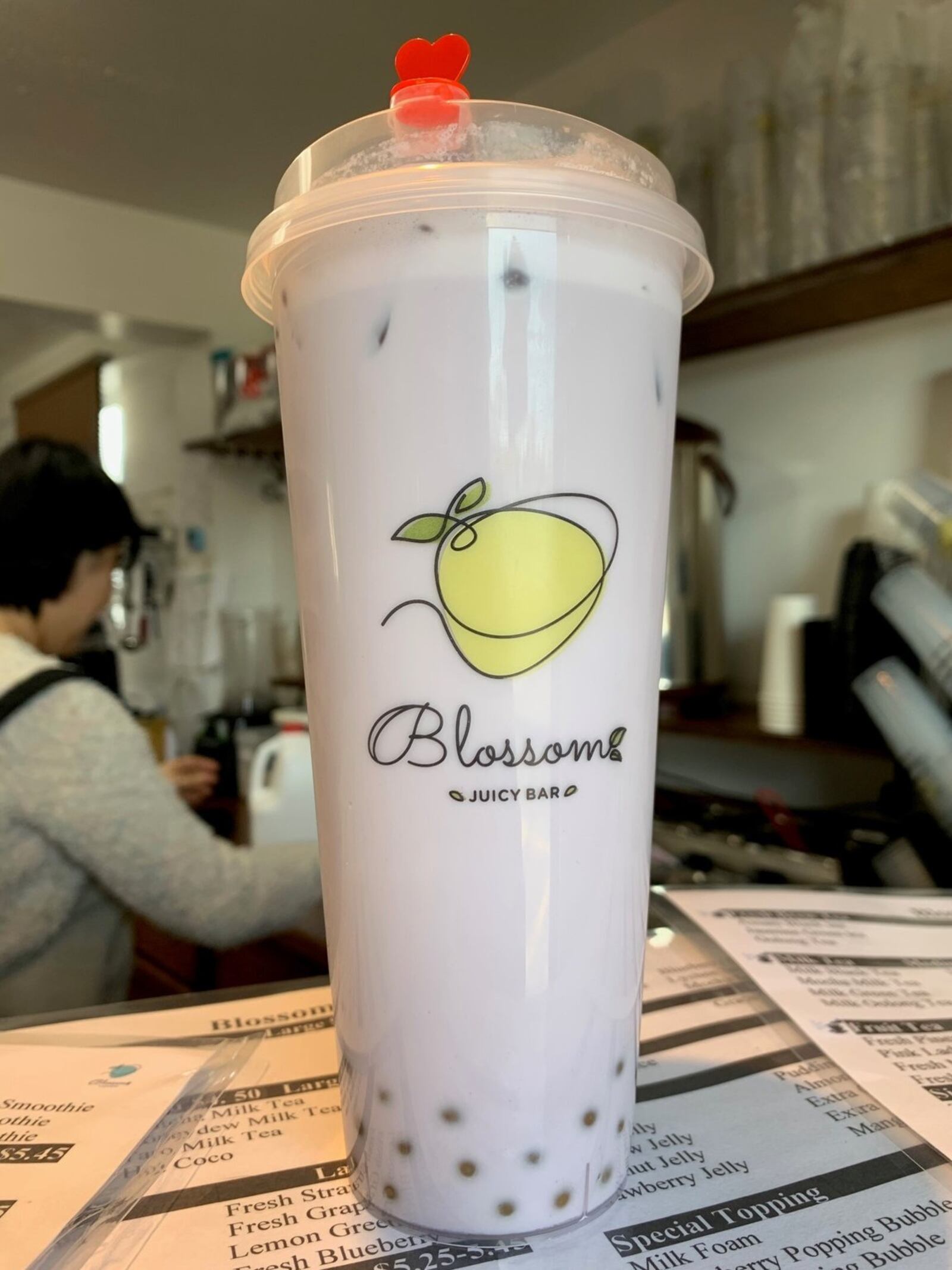 Taro Milk tea with Mango bubbles on the counter at Blossom Juicy Bar. ALEXIS LARSEN/CONTRIBUTED