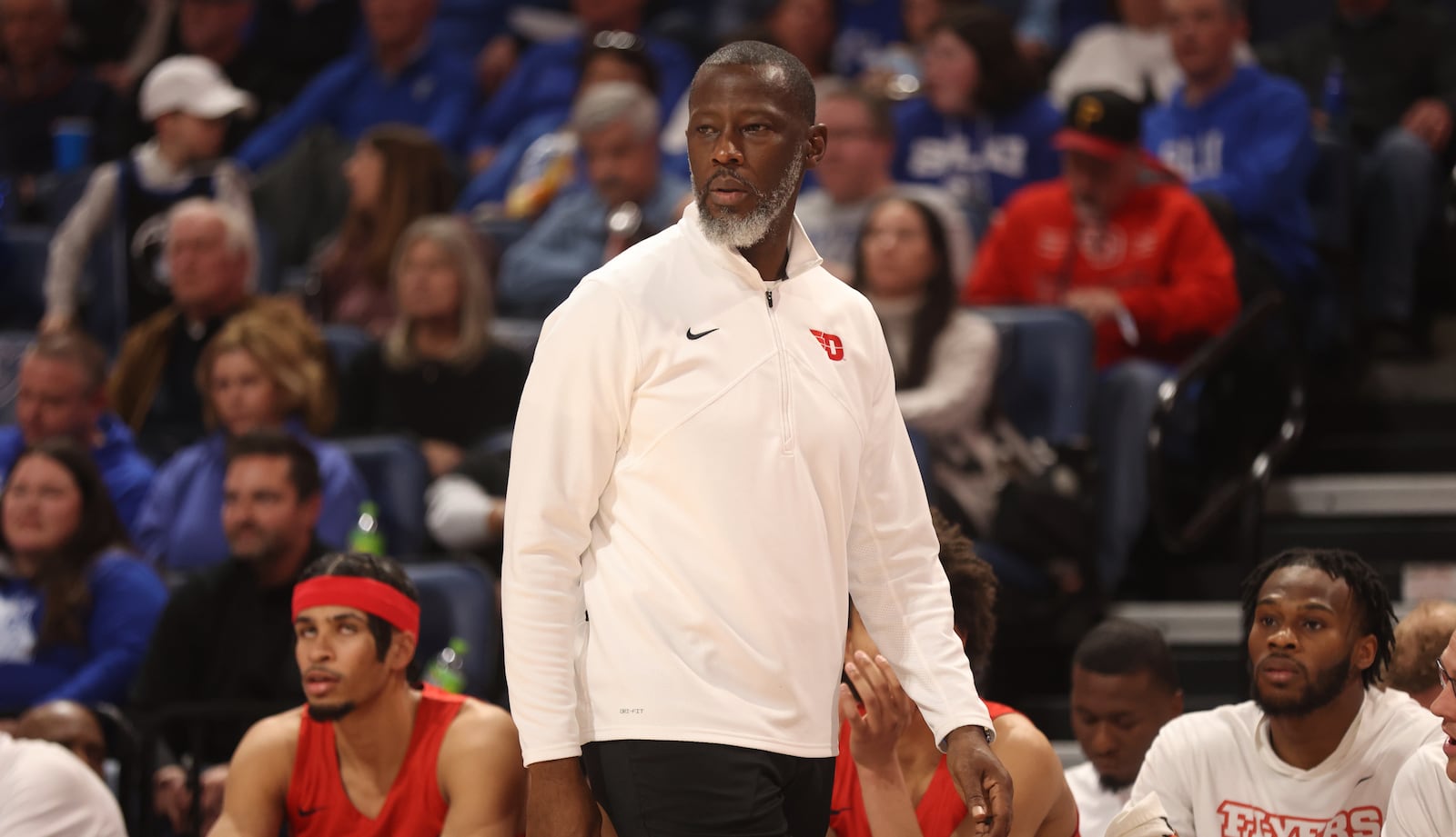 Dayton's Anthony Grant coaches during a game against Saint Louis on Friday, March 3, 2023, at Chaifetz Arena in St. Louis, Mo. David Jablonski/Staff