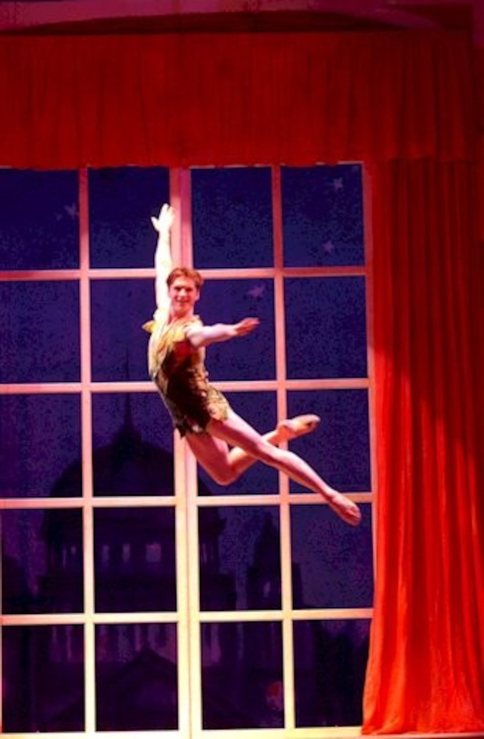 “Flying by Foy” has worked with thousands of productions of Peter Pan, including Broadway revivals with Sandy Duncan and Cathy Rigby  and  the 2004 feature film, “Finding Neverland” with Johnny Depp and Kate Winslet. Shown here, a Dayton Ballet production with  Kirk Henning as Peter Pan in 2001.
Photo by Andy Snow.