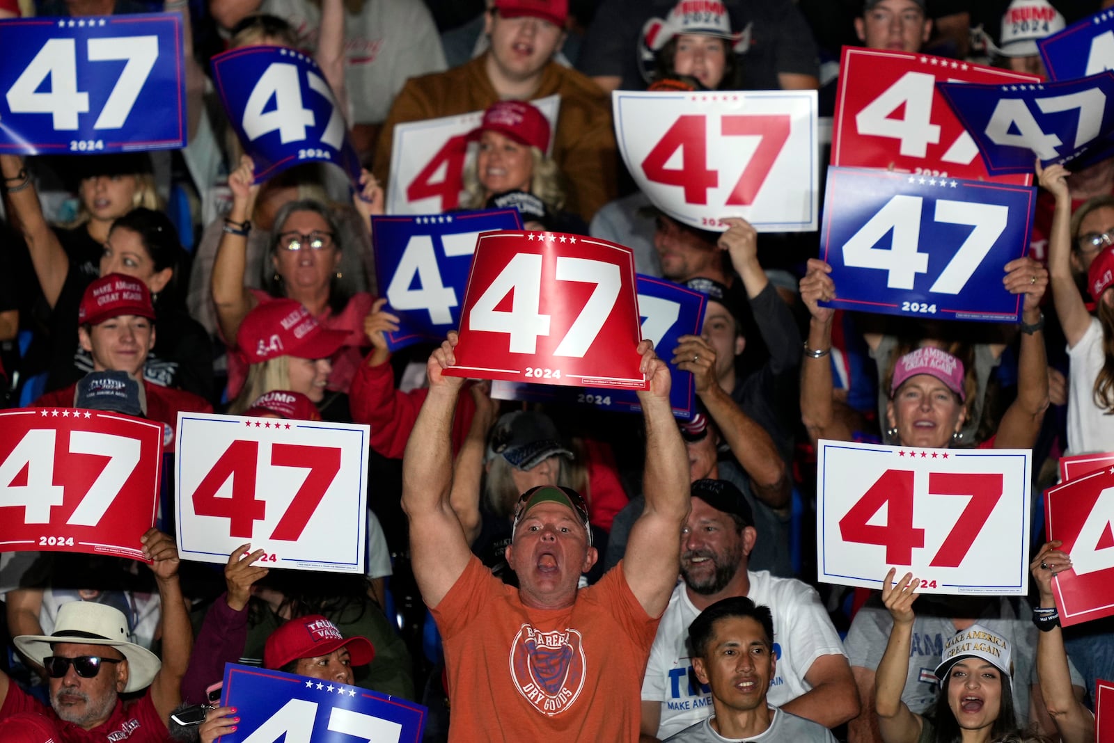 Supporters cheer before Republican presidential nominee former President Donald Trump speaks at a campaign rally at Greensboro Coliseum, Tuesday, Oct. 22, 2024, in Greensboro, N.C. (AP Photo/Julia Demaree Nikhinson)