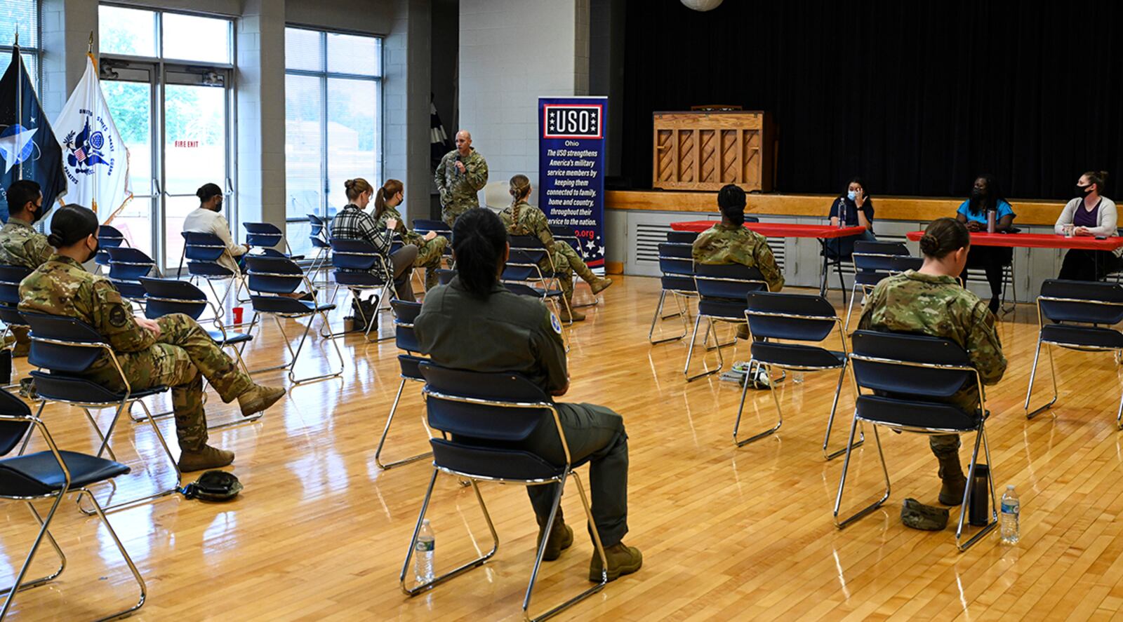 Chief Master Sgt. Lloyd Morales, 88th Air Base Wing command chief, speaks during the Women’s Equality Day breakfast Aug. 26 at Wright-Patterson Air Force Base. The day’s events also included a panel of female speakers, self-guided tour at the National Museum of the U.S. Air Force and festival. U.S. AIR FORCE PHOTO/JAIMA FOGG