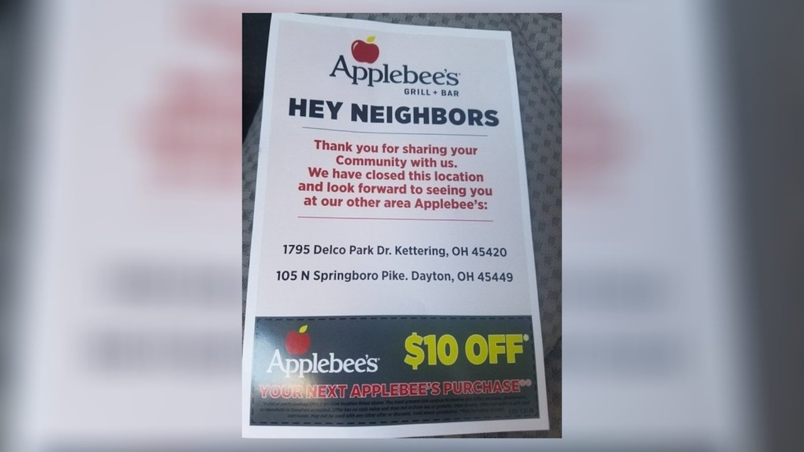 The coupon handed out to customers who stopped in today, June 9, 2018, at Applebee's Grill & Bar on Wilmington Pike in Sugarcreek Twp. The restaurant shut down permanently today. STAFF