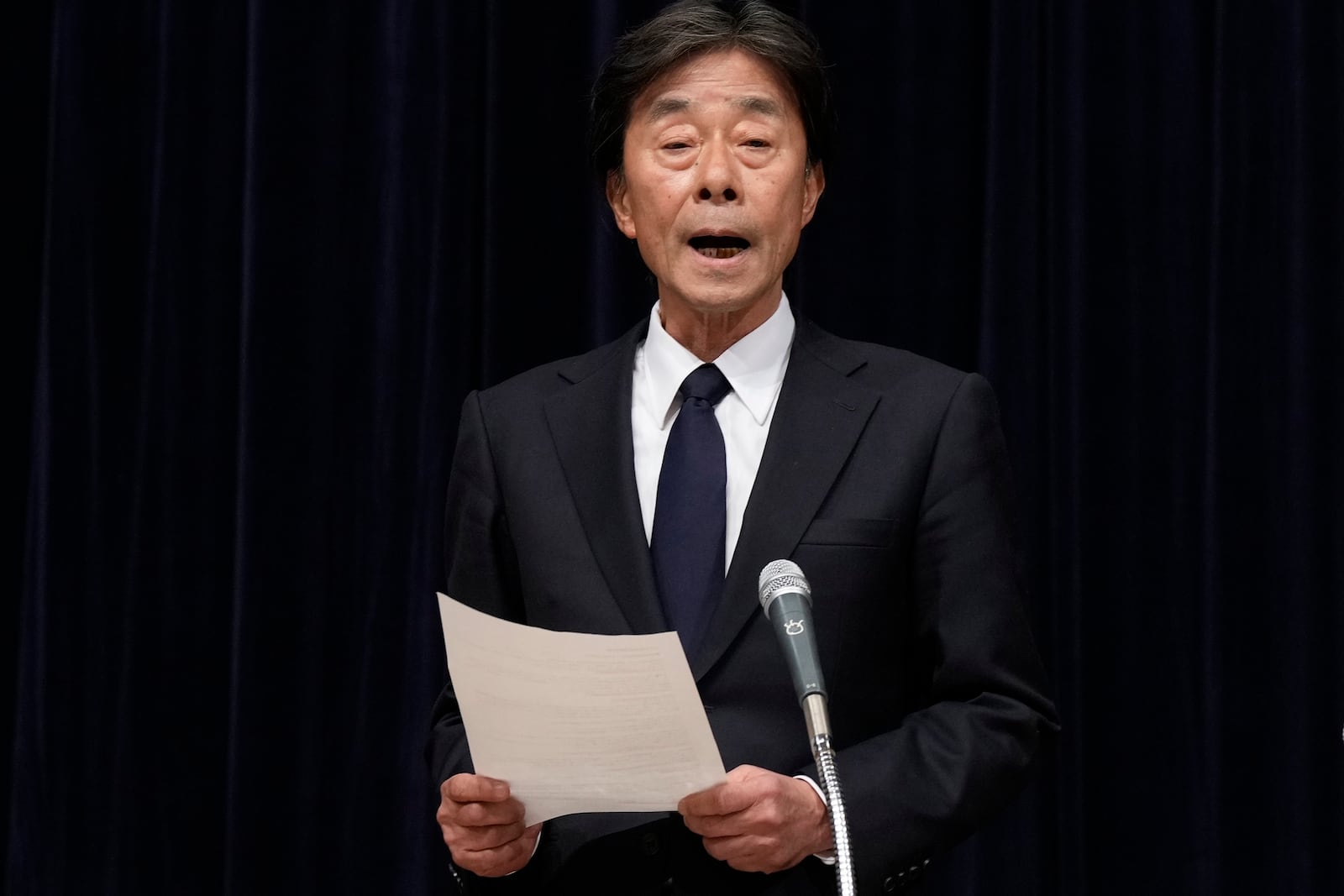 Koichi Minato, president and CEO of Fuji Television Network, speaks during a news conference at the Fuji Television headquarters in Tokyo, Monday, Jan. 27, 2025. (AP Photo/Eugene Hoshiko)